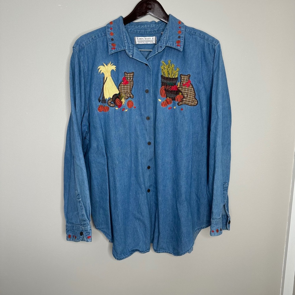 Karen Scott II‎ Women's Denim Shirt Fall Cats Pumpkins Corn Embroidery 2X